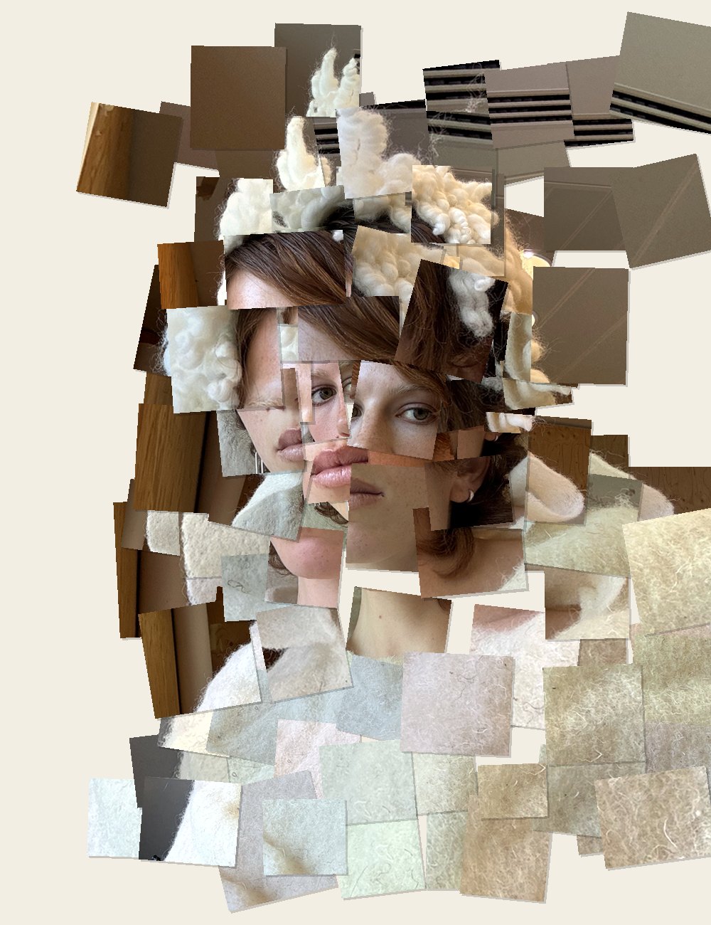 Olivia in a white felted wool hood, as a joiner collage of overlapping photo fragments